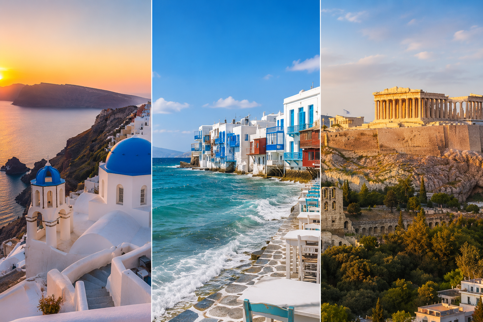 Santorini,Mykonos,Athens